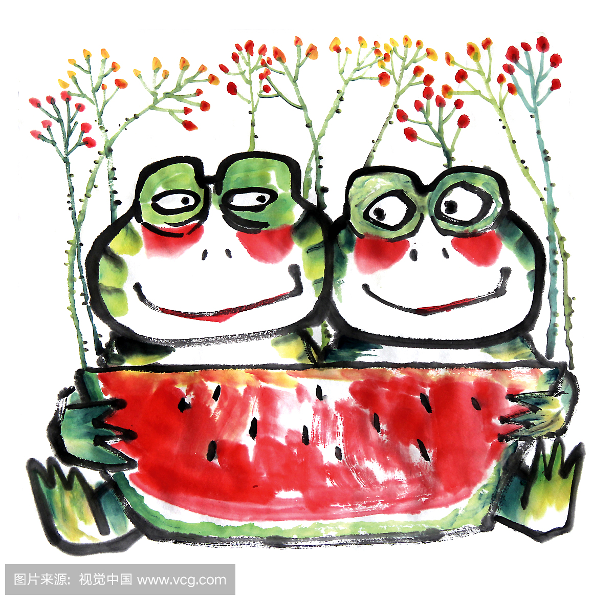 中国画水墨动物系列第一季共1000幅-一起吃西瓜