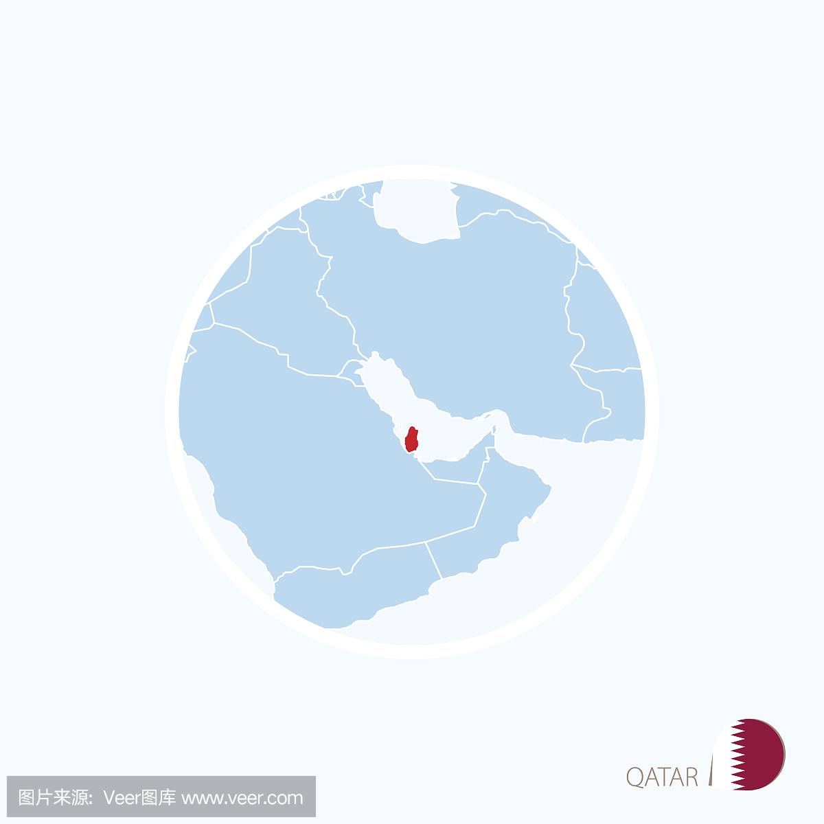 卡塔尔的地图图标。中东的蓝色地图与突出显示