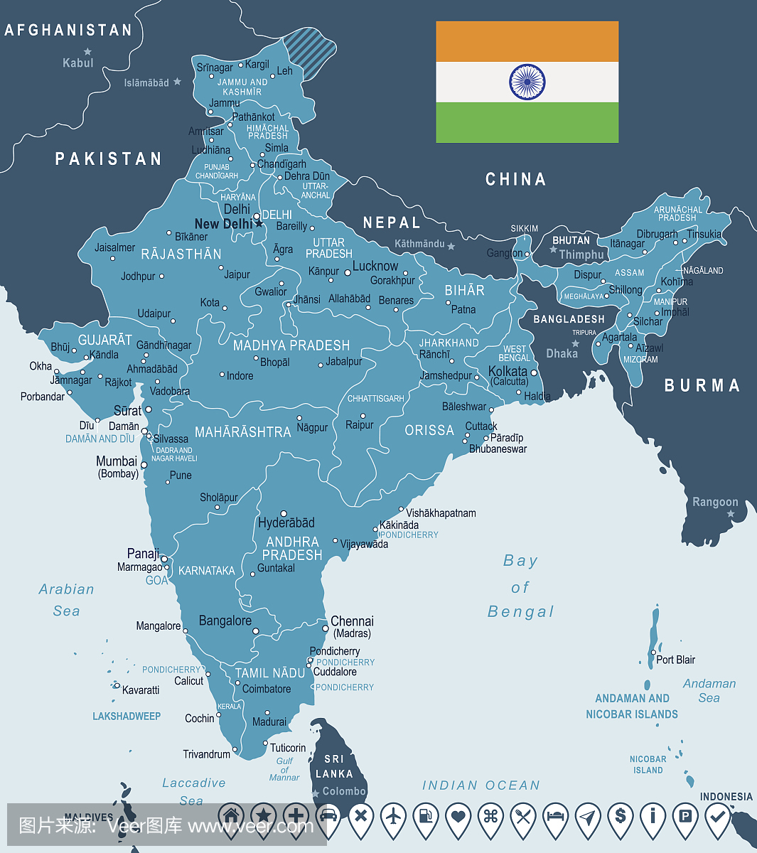 印度 - 地图和国旗插图