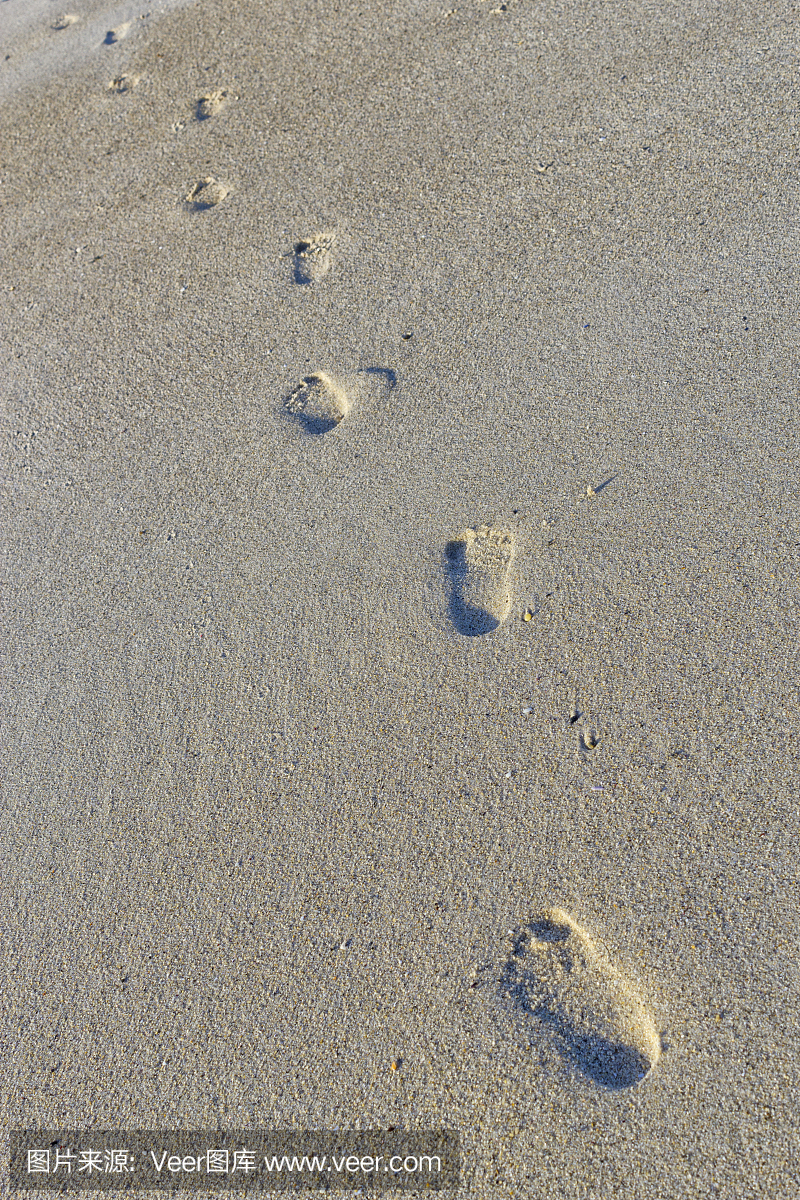孩子的脚印在沙滩上