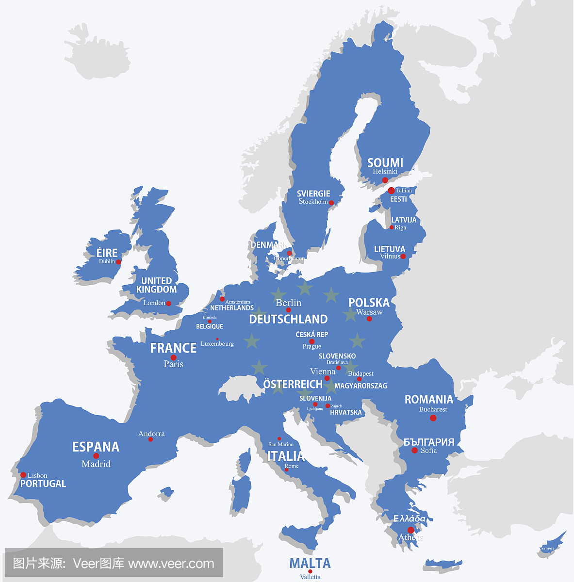 欧盟地图与所有欧洲国家和首都名称