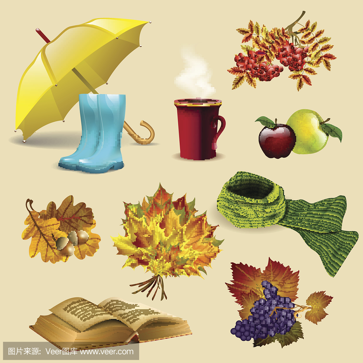 一套秋天的元素和物体,叶子,水果,雨伞,靴子