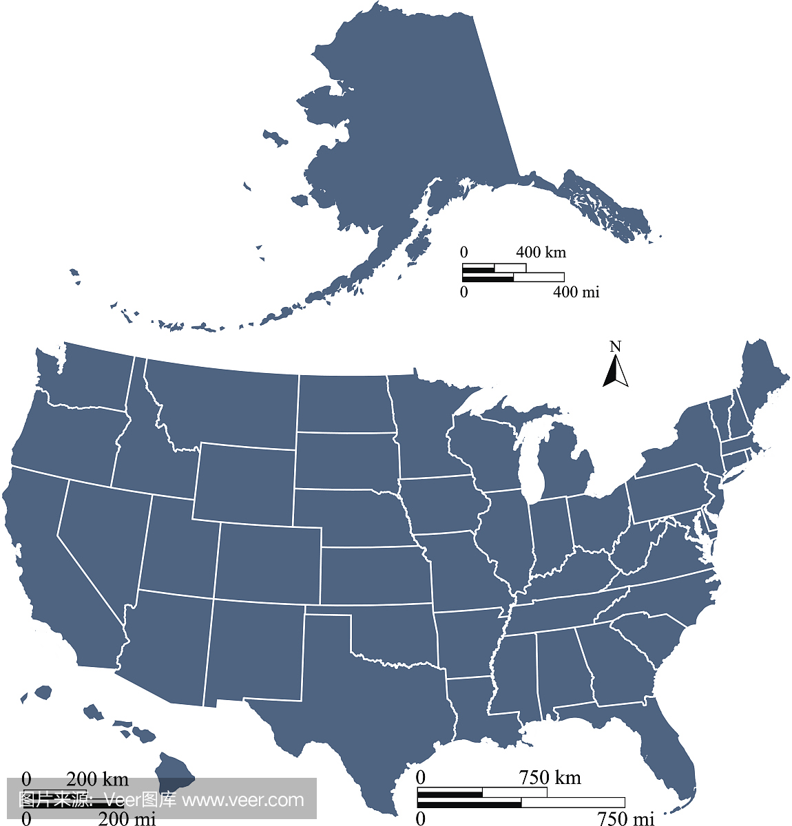 美国地图轮廓矢量图与里程和公里尺度在蓝色背