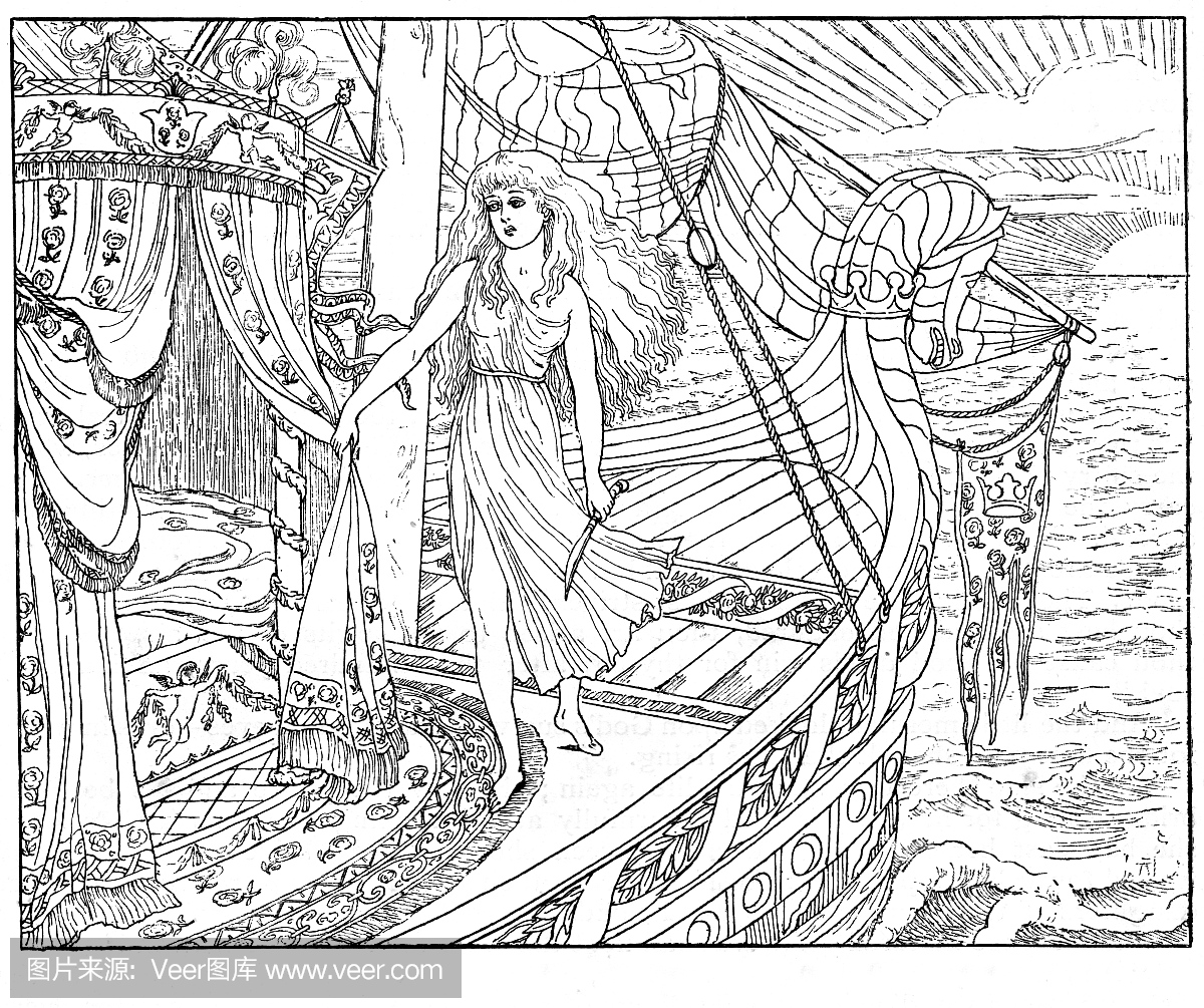 维多利亚时代的插图小美人鱼在船上;艺术家M