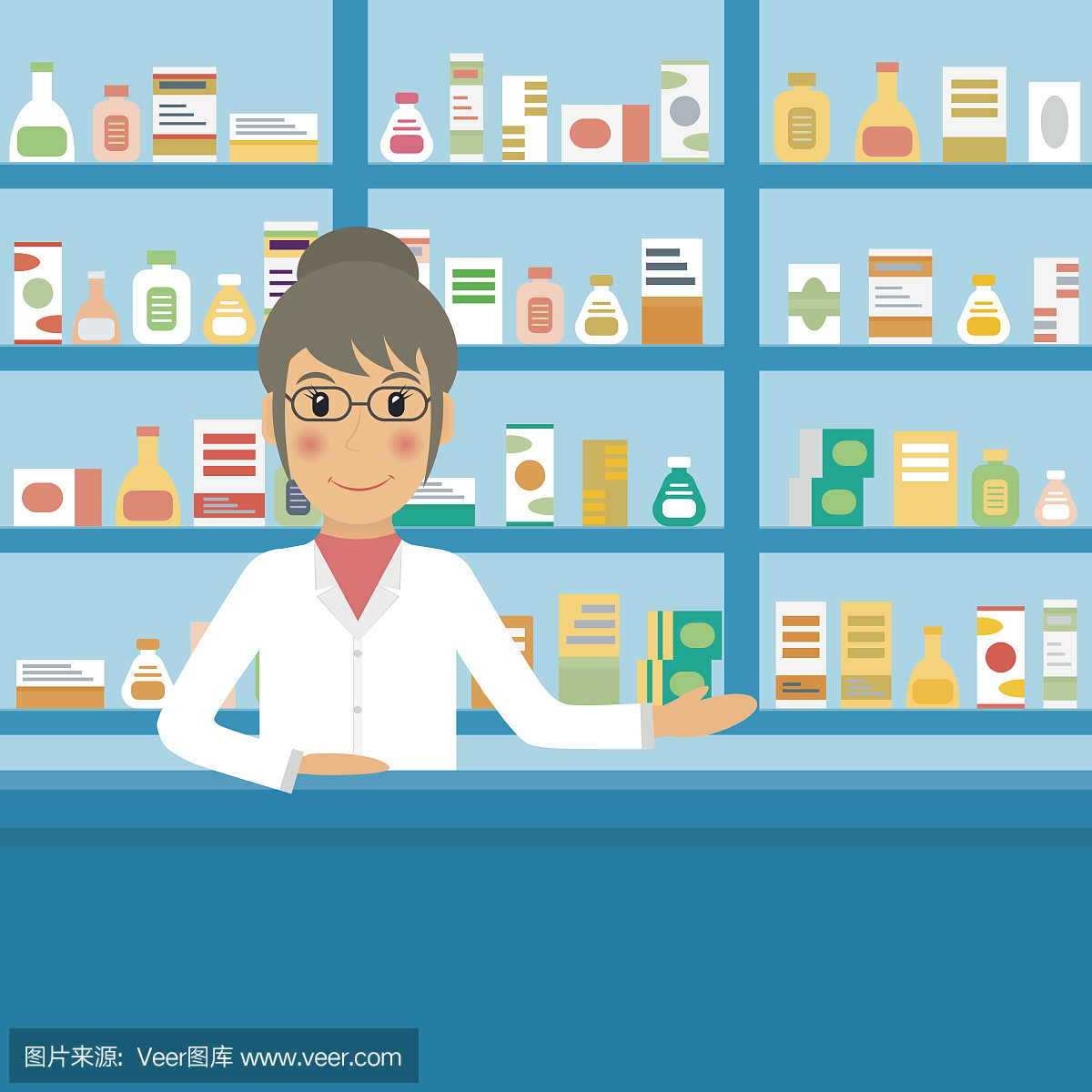 柜台妇女药剂师与药物和药物。药店女营业员在