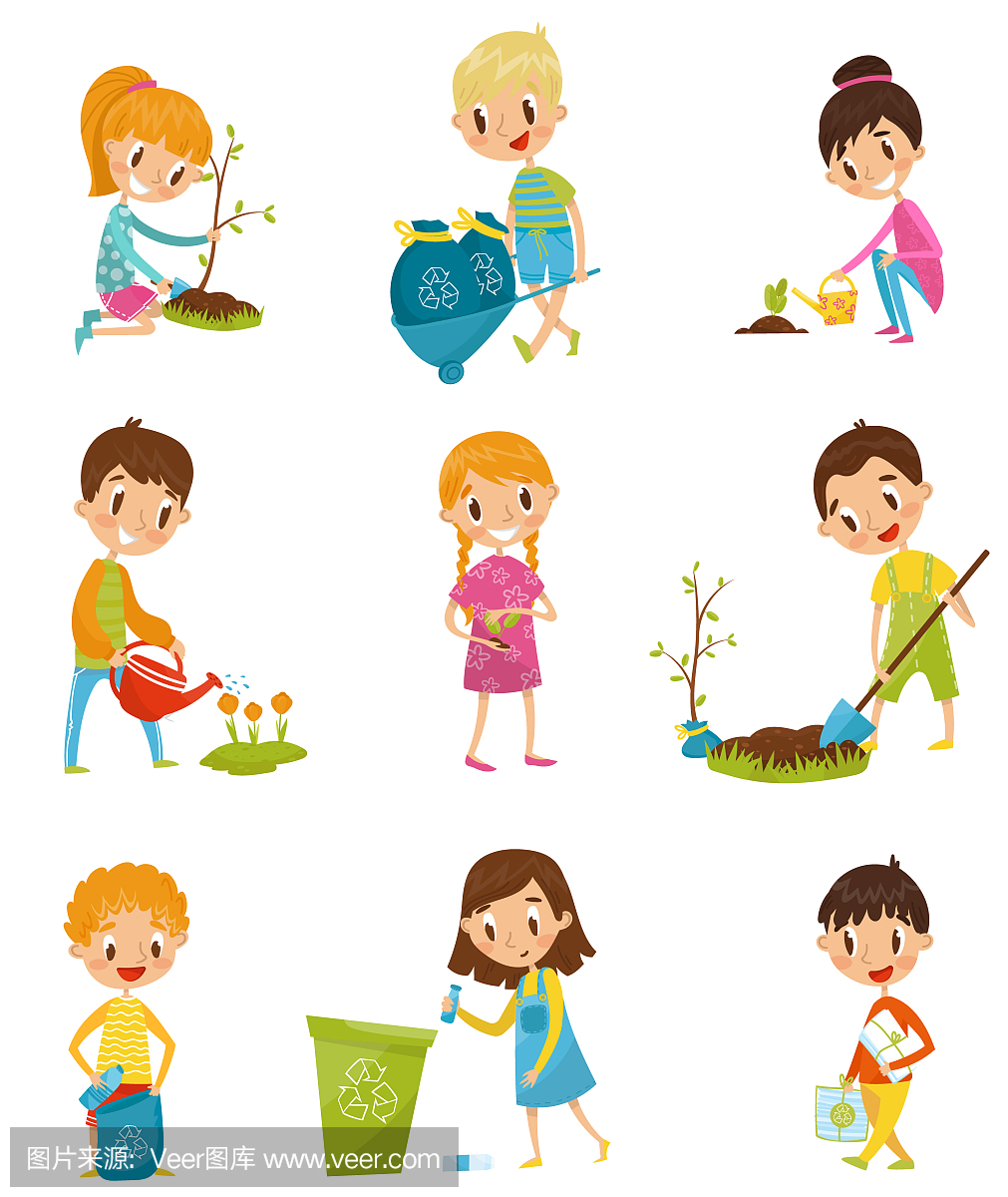可爱的孩子们园艺和捡垃圾集,男孩和女孩种植
