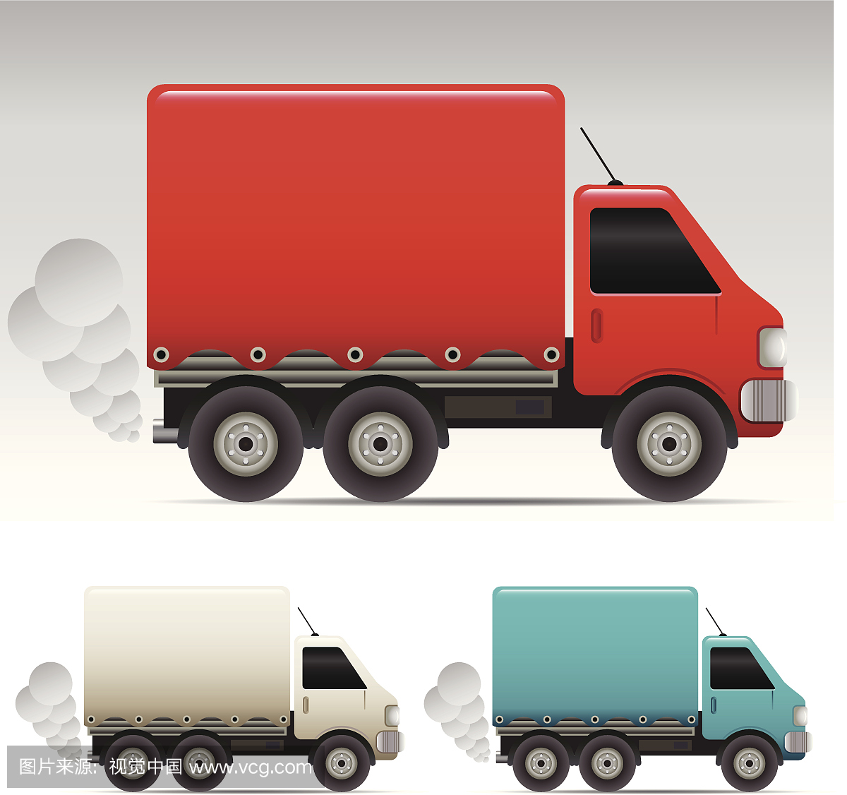 在白色背景上的三种不同的彩色运送卡车
