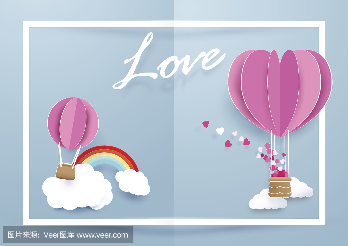 心的形状气球飞越云层和彩虹在白色框架背景。