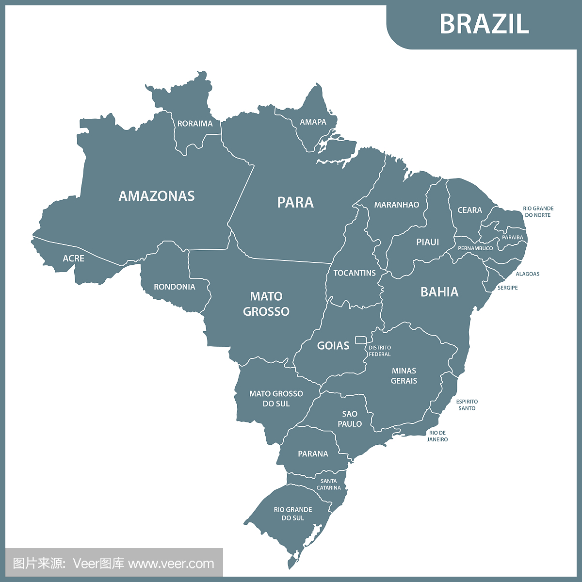 巴西的地区或州的详细地图