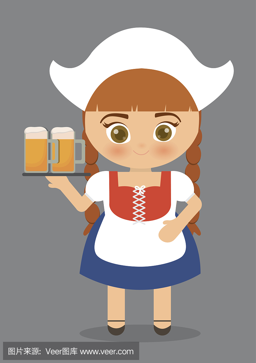 啤酒慕尼黑啤酒节女孩卡通服装图标。德国。矢