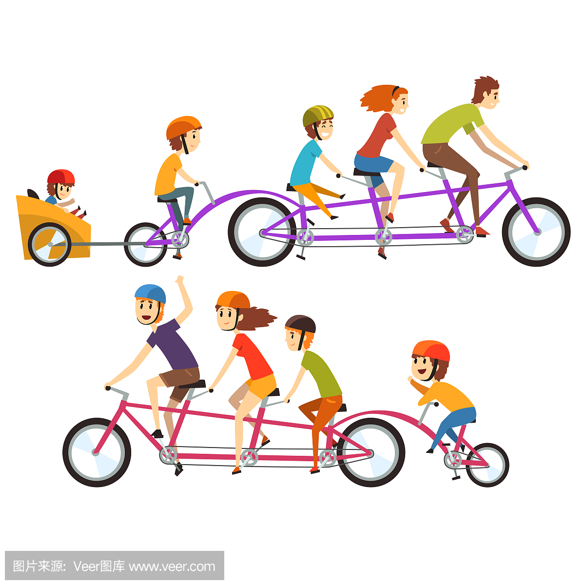 两个幸福的家庭,骑着大双人自行车的插图。有