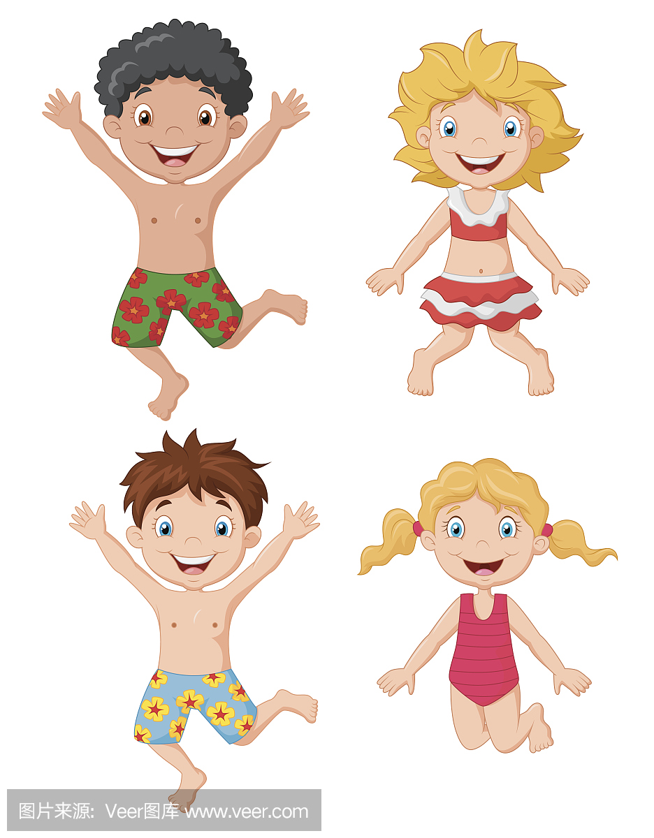 卡通快乐的孩子穿泳装跳