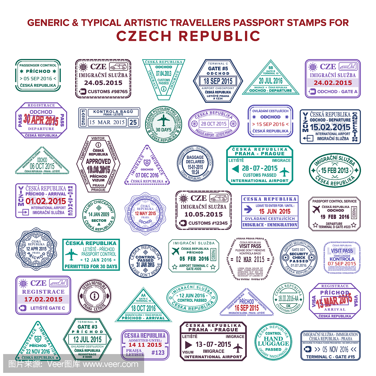 捷克共和国设置的自定义矢量典型艺术护照到达