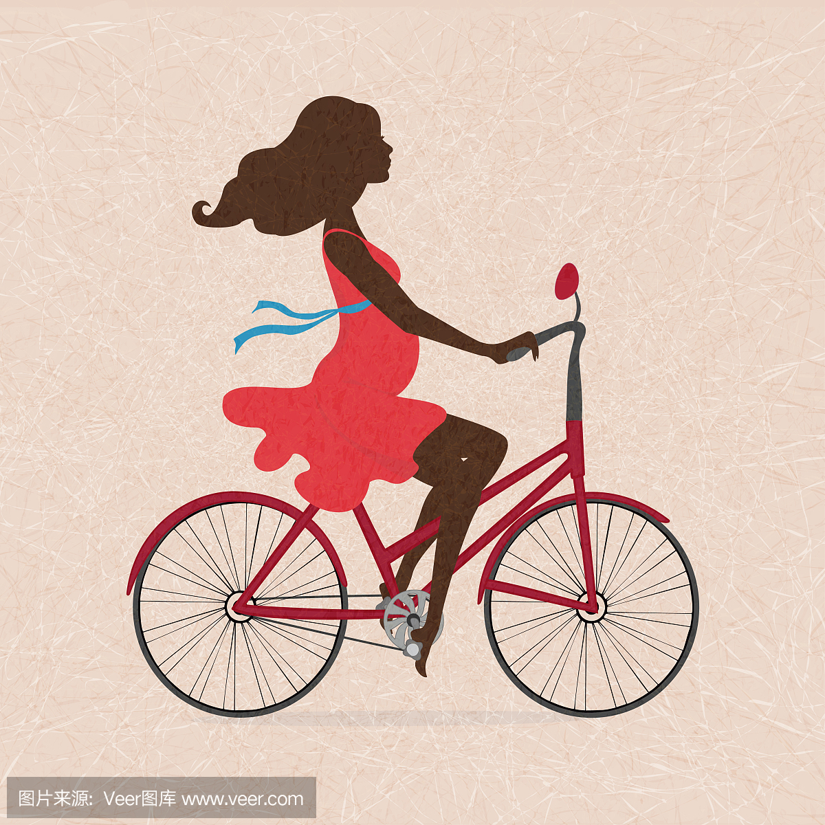孕妇在红色自行车上划伤的米色背景上的剪影。