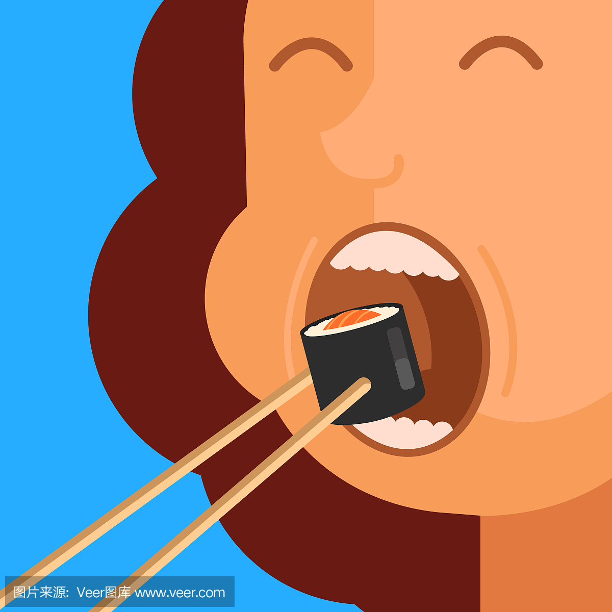 饥饿的女人性格把寿司卷放在张开的嘴巴筷子。
