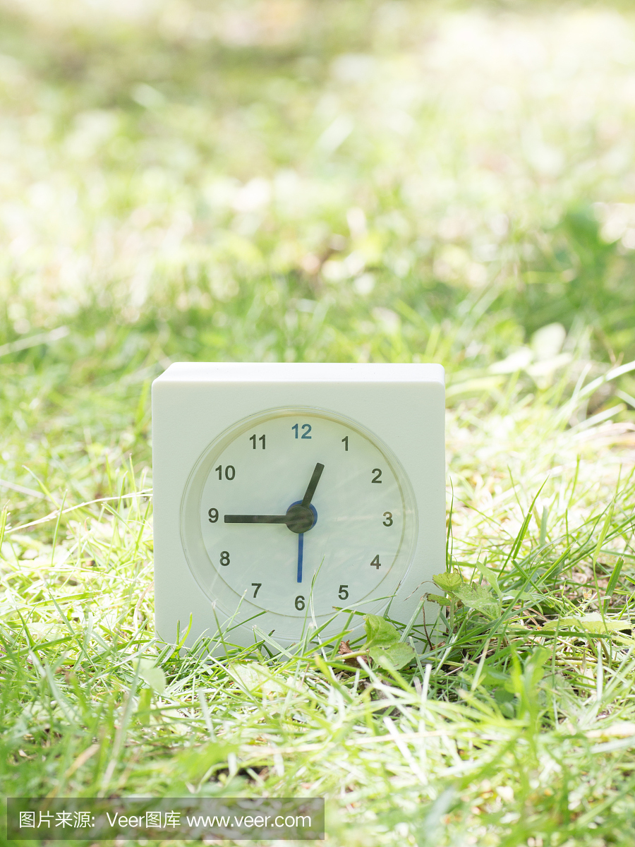 白色简单的时钟在草坪场,12:45十二点五十五点