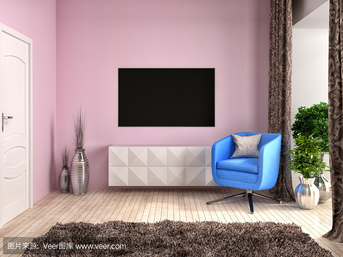 粉色内饰与椅子和棕色窗帘。3d图