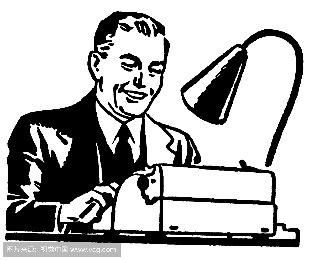 一个在打字机上努力工作的商人的黑白版图形插