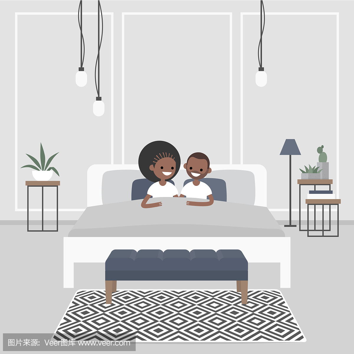 现代卧室内饰。几个年轻的非洲裔美国人成人躺