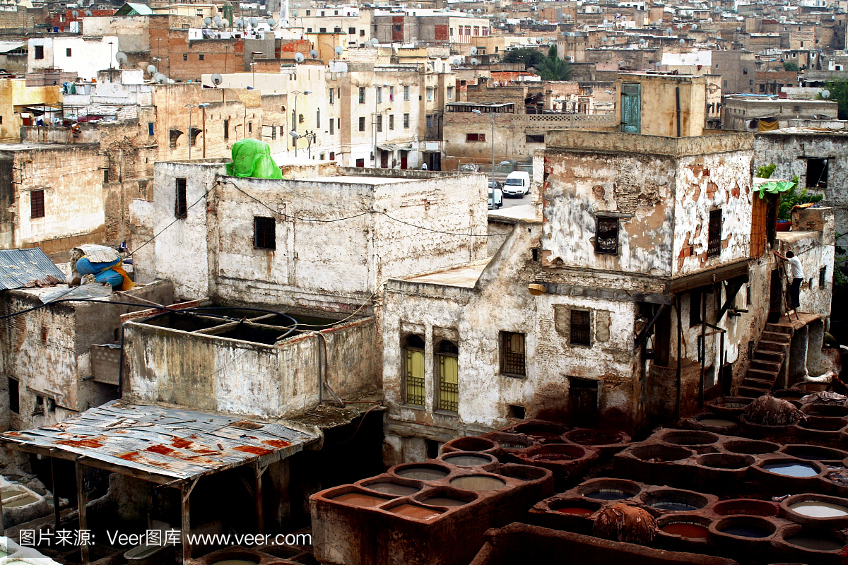 Fez摩洛哥城市风景制革厂Chouwara贫民窟贫