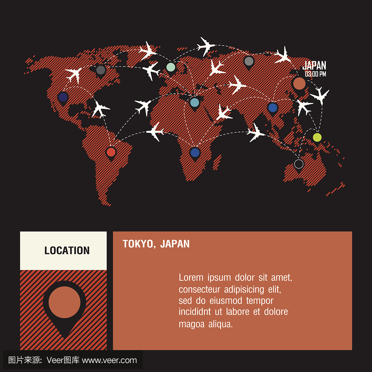 日本矢量世界旅行地图与飞机