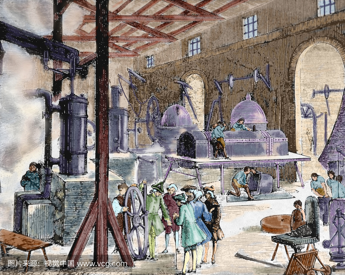 英国工厂内部,工业革命,彩色雕刻,19世纪,伦敦