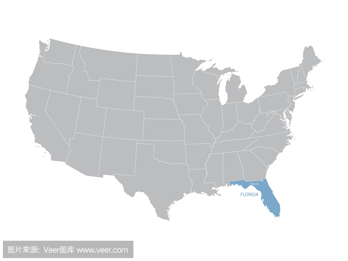 美国地图与佛罗里达州的指示
