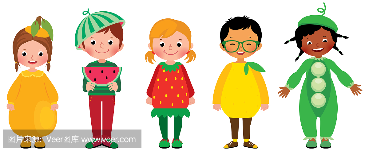 组的孩子们在不同的水果服装