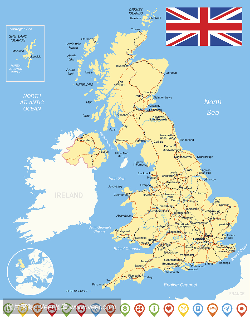 英国地图,国旗,导航图标,道路,河流 - 插图