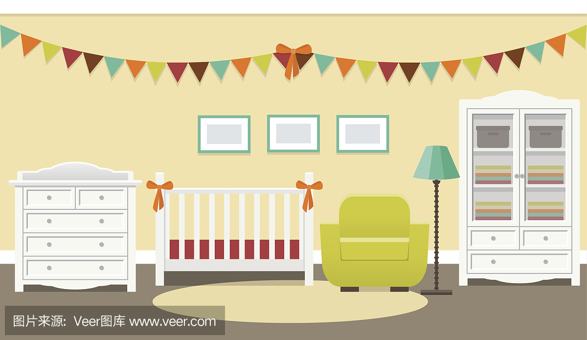 婴儿室复古内饰。矢量图。