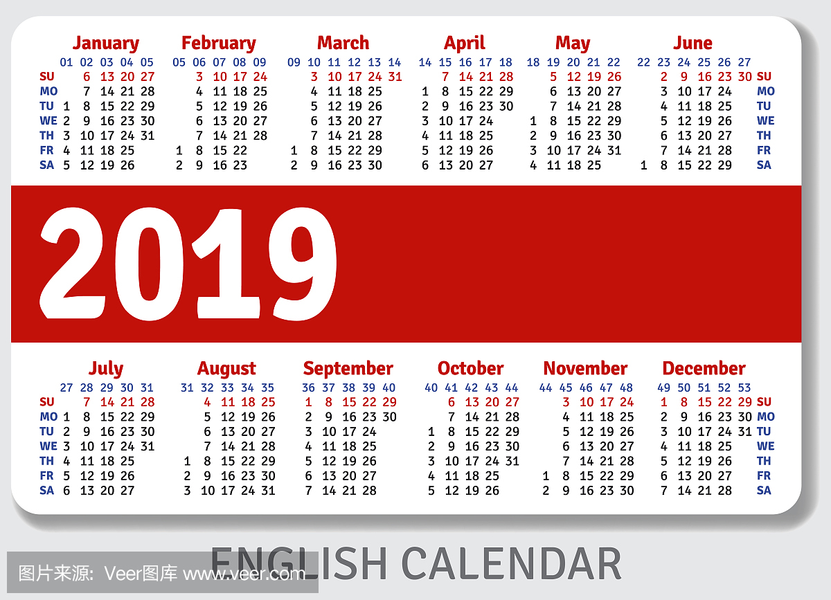 2019年的英文袖珍日历