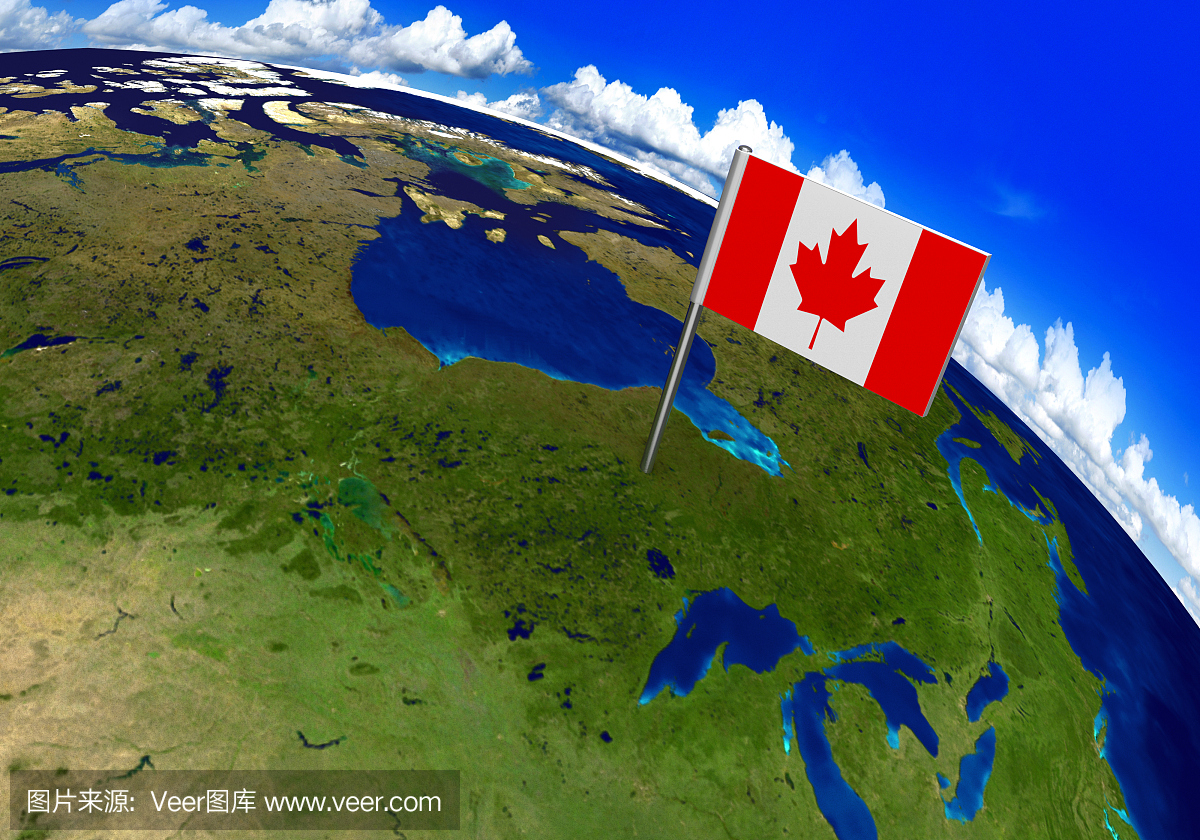 国旗在加拿大国家的世界地图上