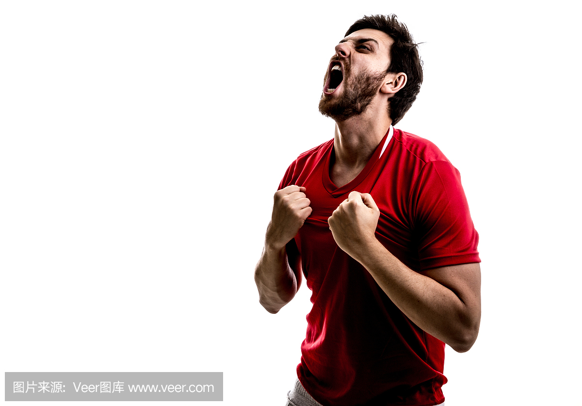 红色制服的爱好者\/体育运动员庆祝在白色背景