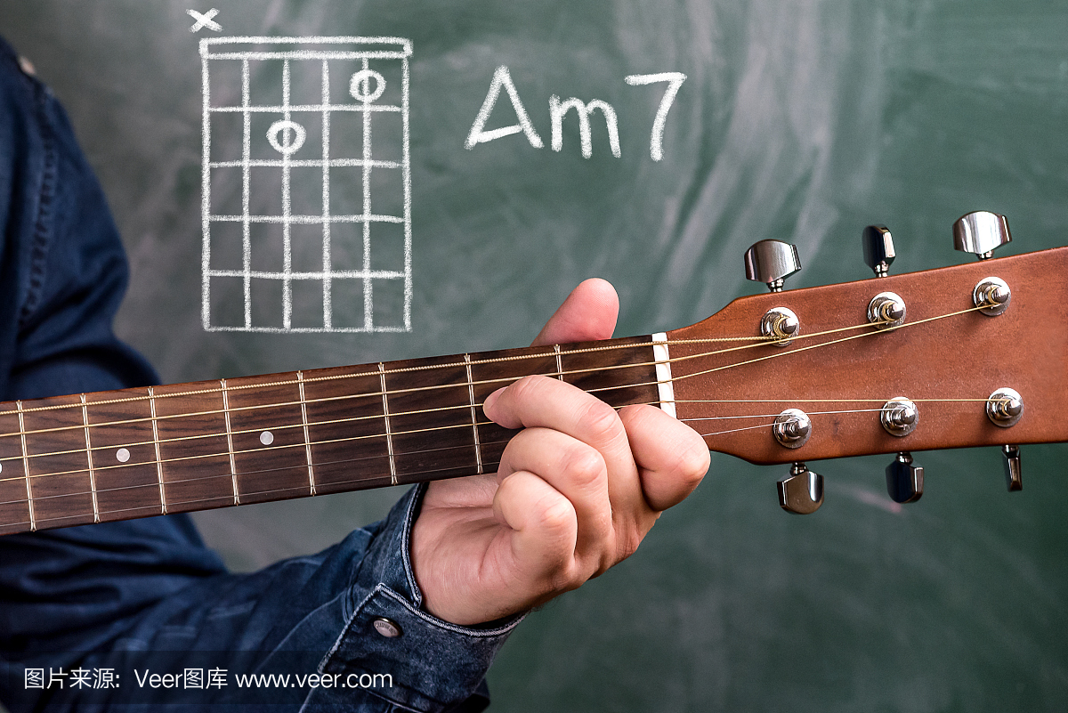 弹吉他和弦的人显示在黑板上,和弦Am7