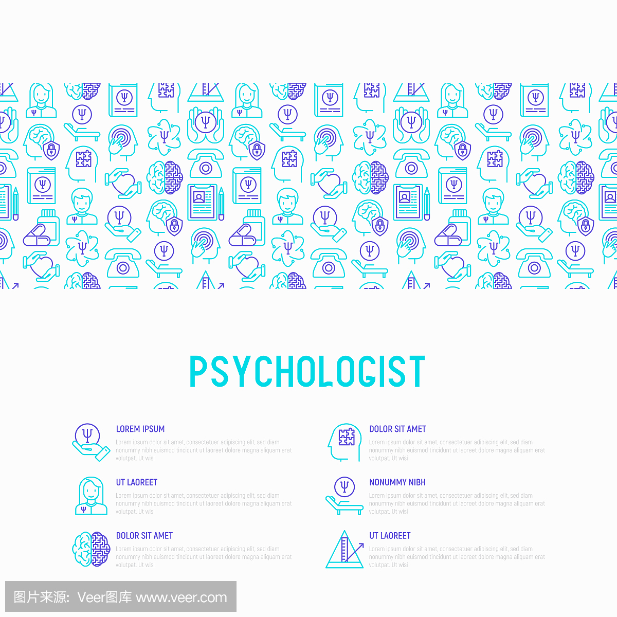 心理学家概念与细线图标:精神病医生,疾病史,扶