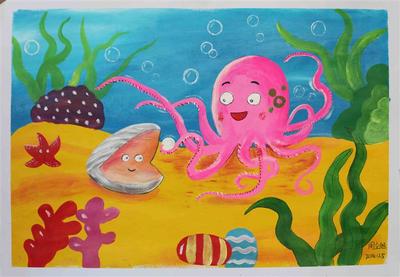 海底世界儿童画水粉-快乐的章鱼-水粉画-64kb