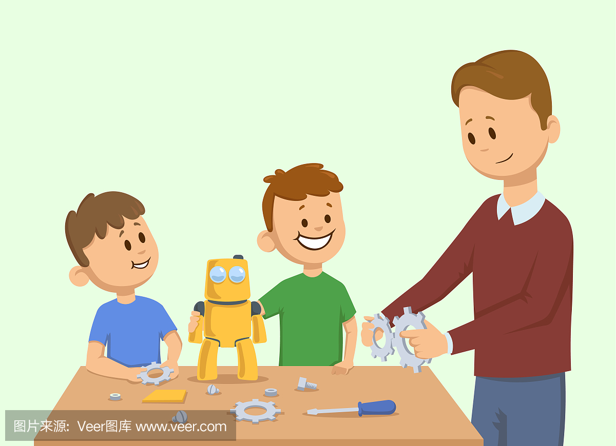 微笑的孩子和一个男人一起制作黄色玩具机器人