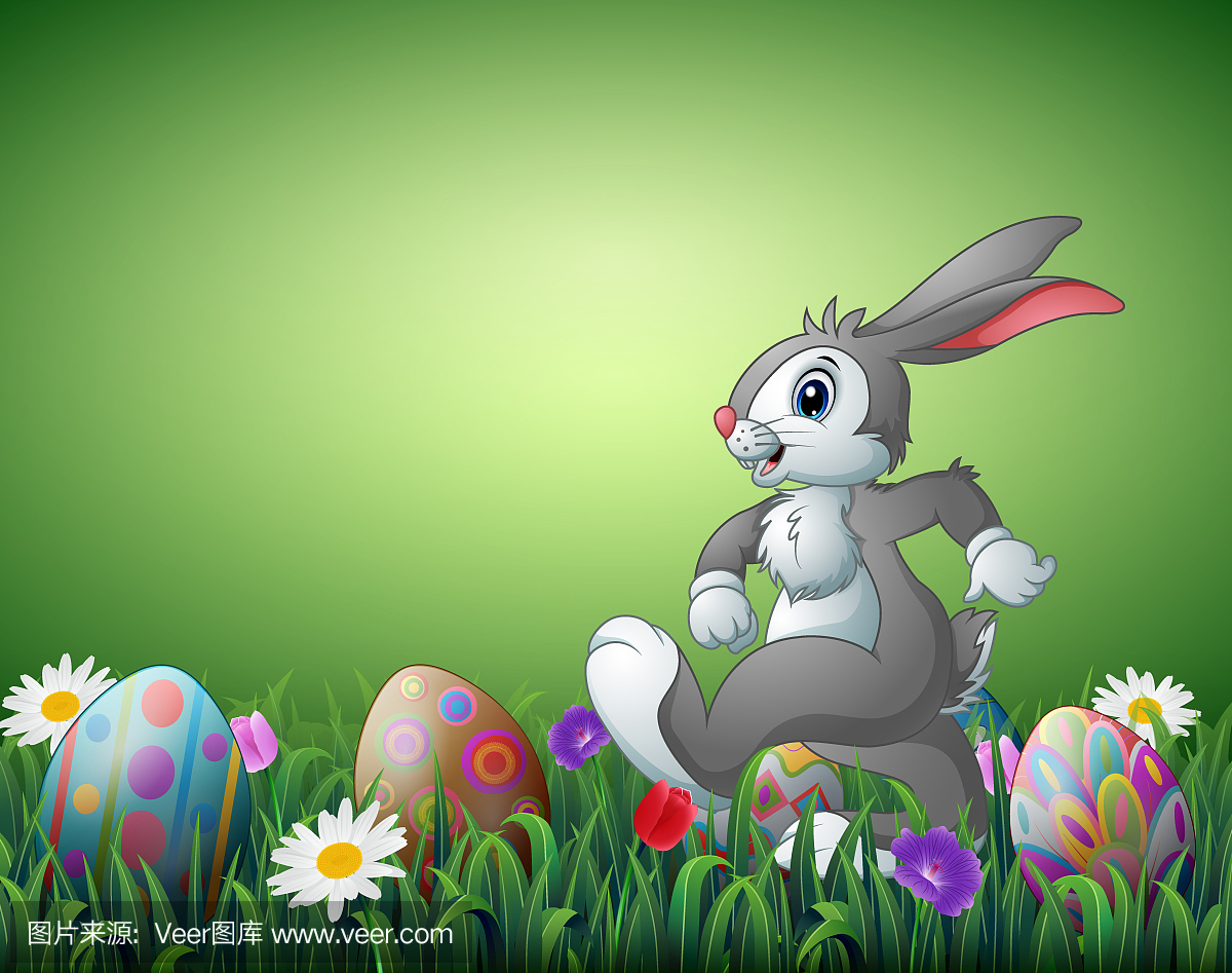 复活节快乐兔子卡通与装饰复活节彩蛋在一个字