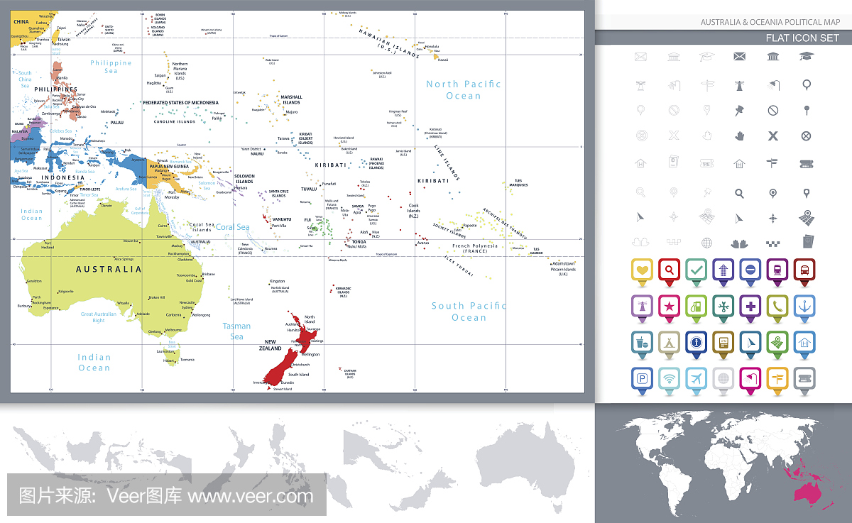澳大利亚和大洋洲详细的政治地图和导航图标