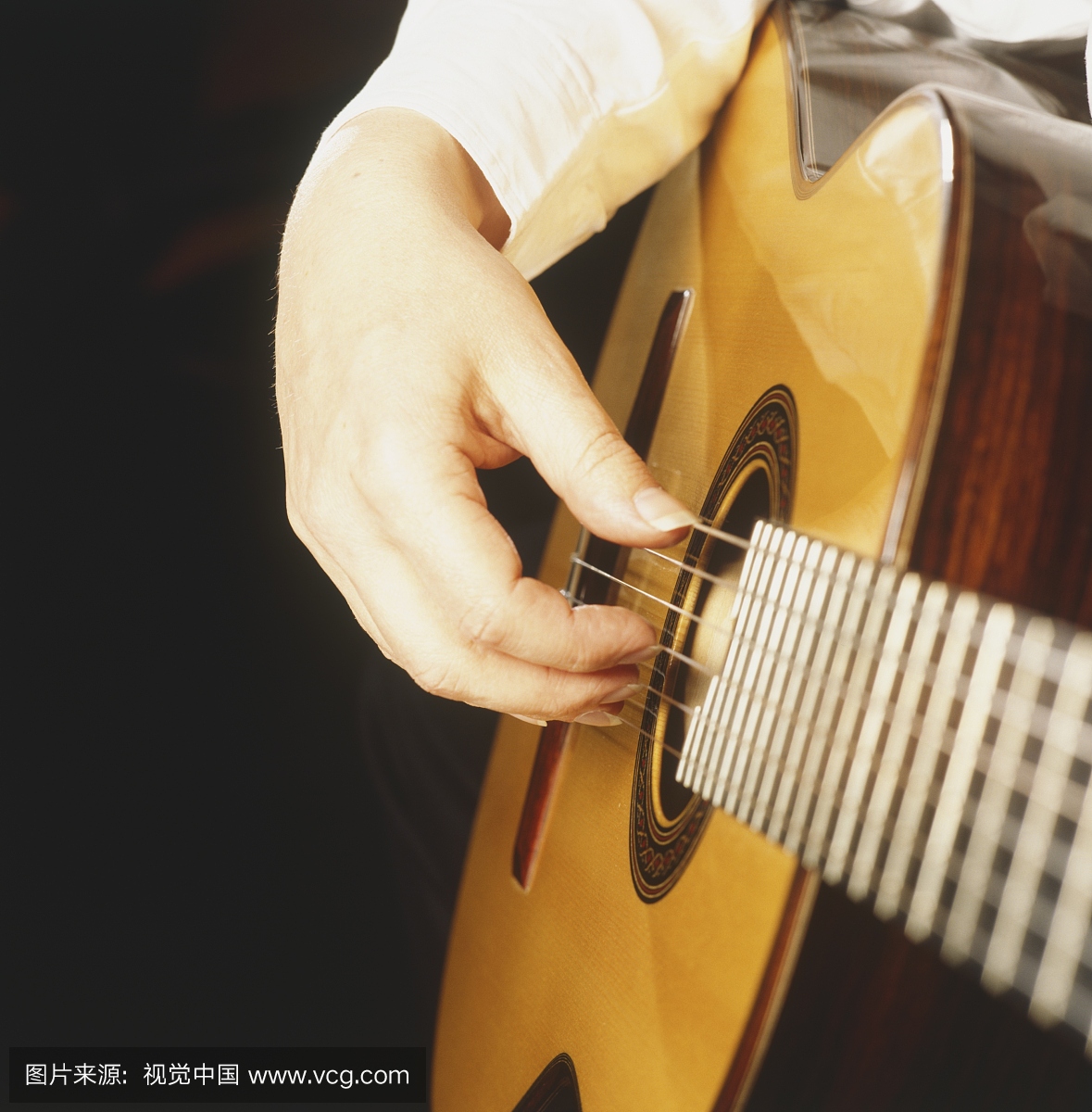 人的右手采摘古典吉他弦,侧视图。