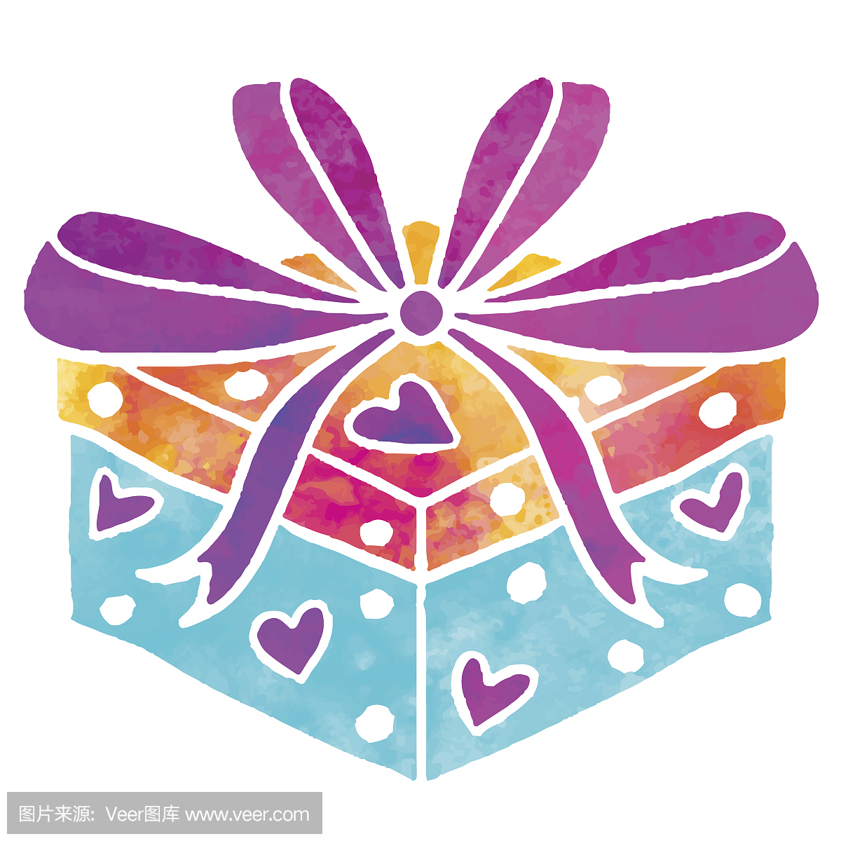 水彩假日礼物盒与弓和心