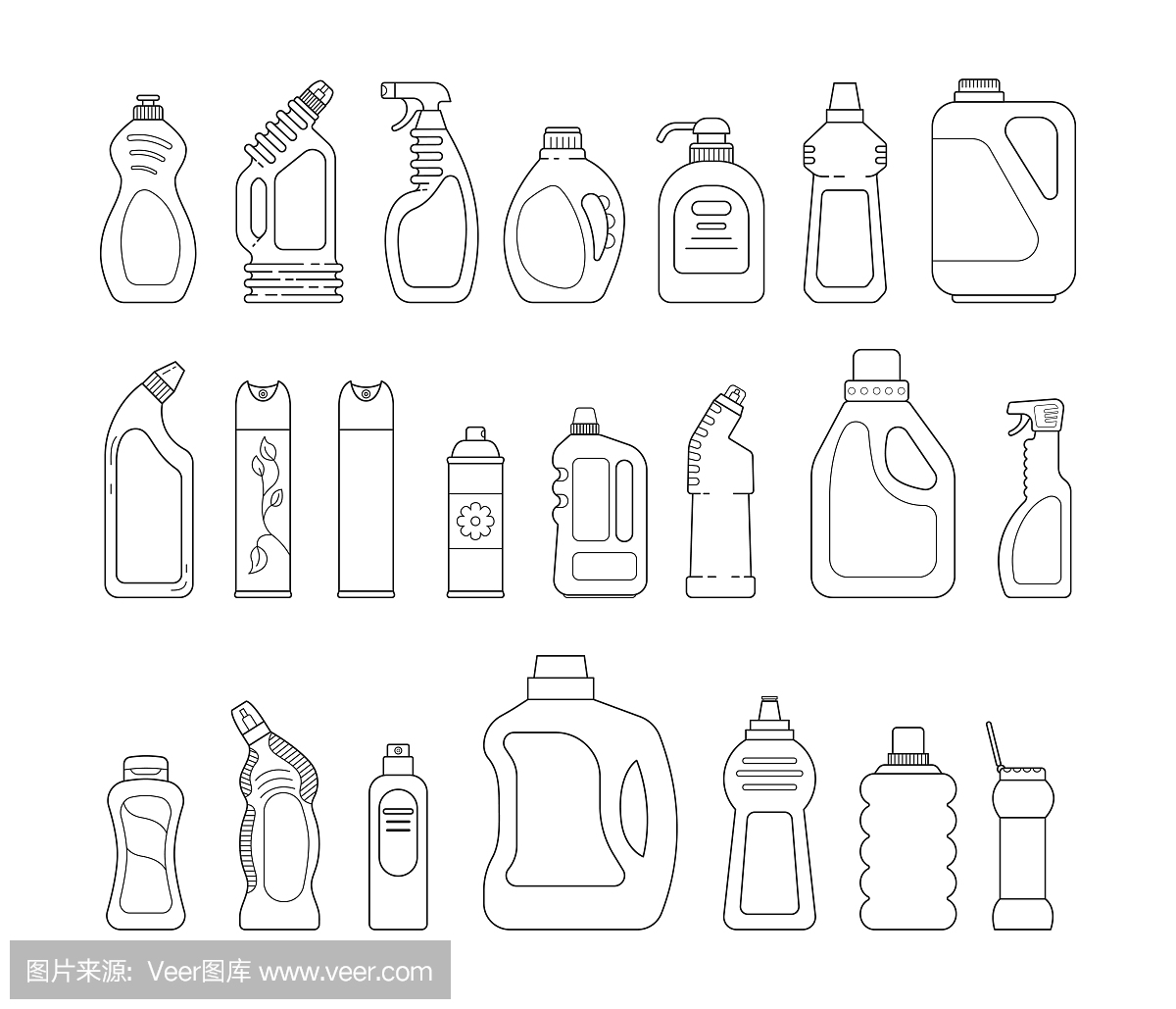设置线图标不同的瓶洗涤剂,清洁喷雾,空气清新