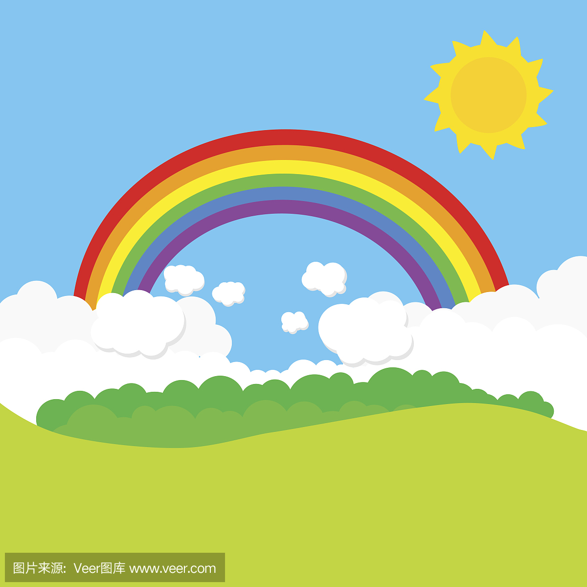 Landscape with rainbow and sun. Vector illustra