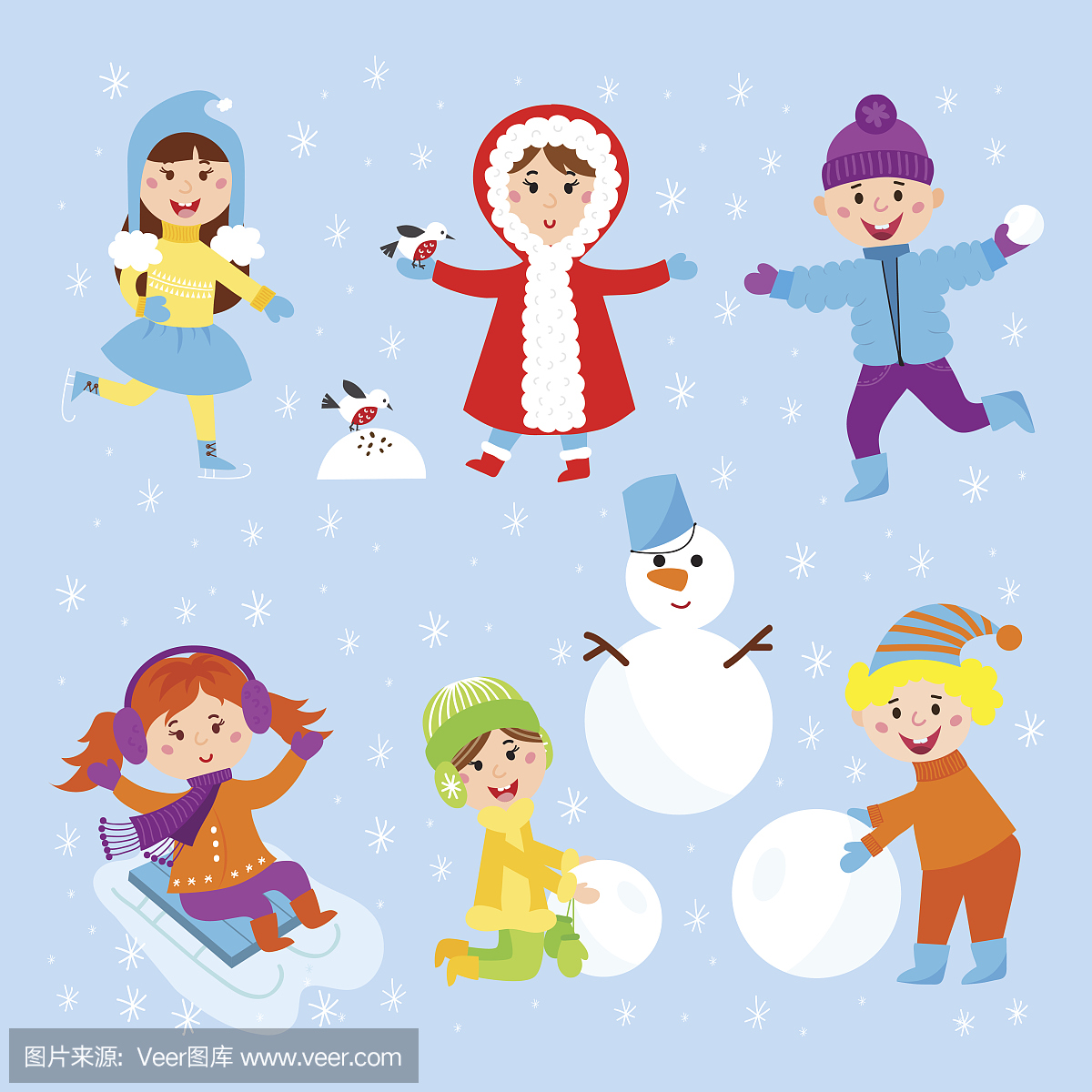 圣诞节孩子们玩冬季游戏孩子们玩雪球卡通新年