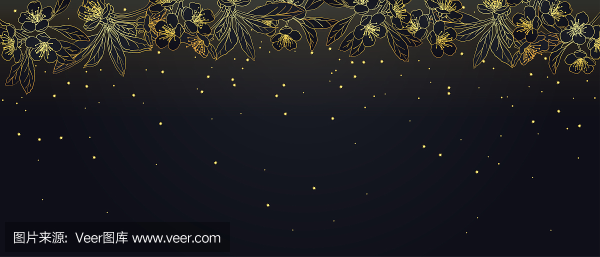 卡与程式化的樱花。在一个黑暗的背景的金黄开