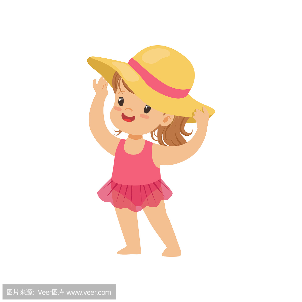 可爱的小女孩,在一个粉红色的泳装和草帽,在沙