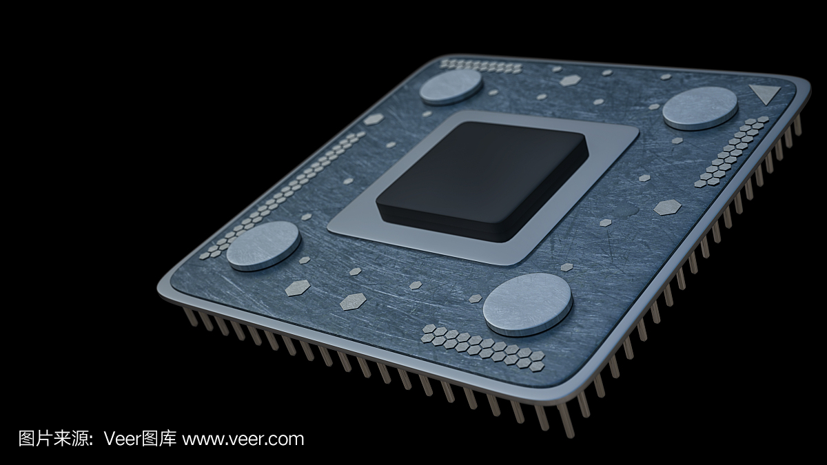 处理器单元CPU概念孤立在黑色背景3d渲染