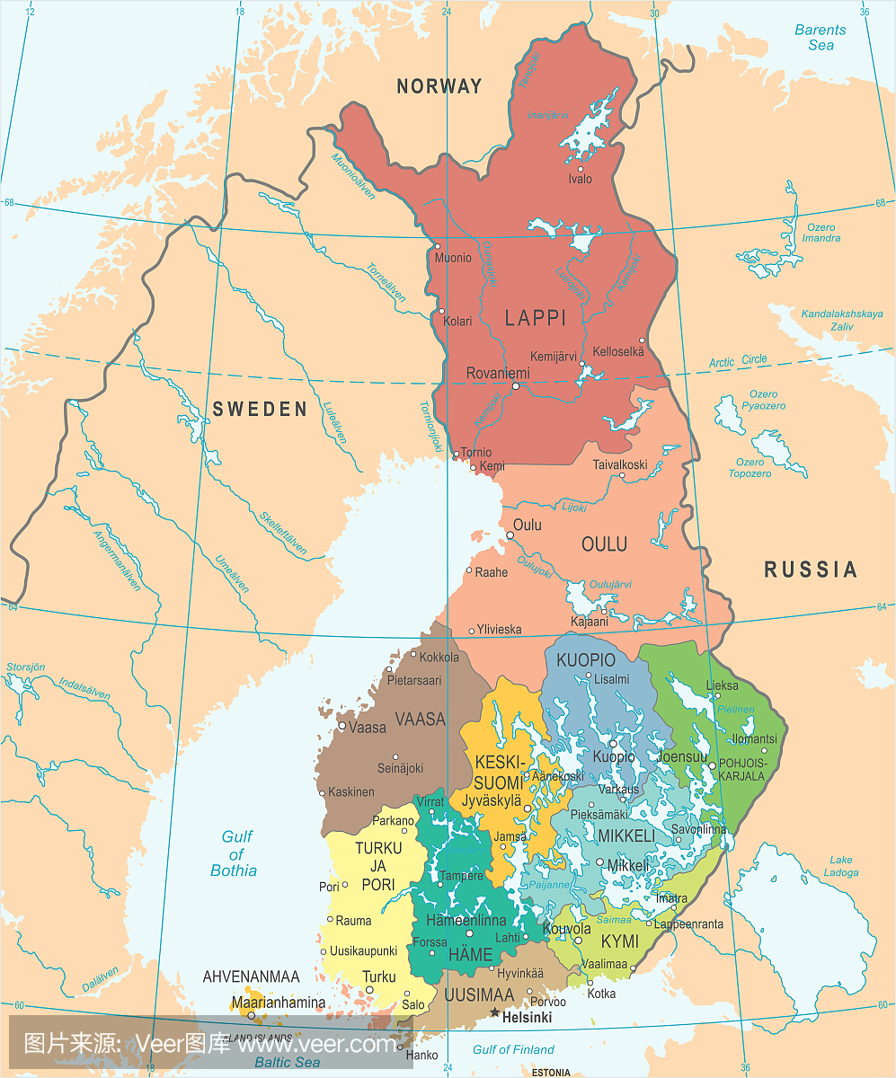 芬兰地图 - 详细的矢量图