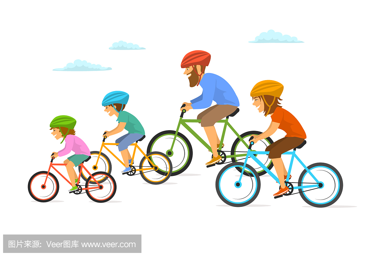 可爱开朗卡通家庭骑自行车自行车,一起骑单车