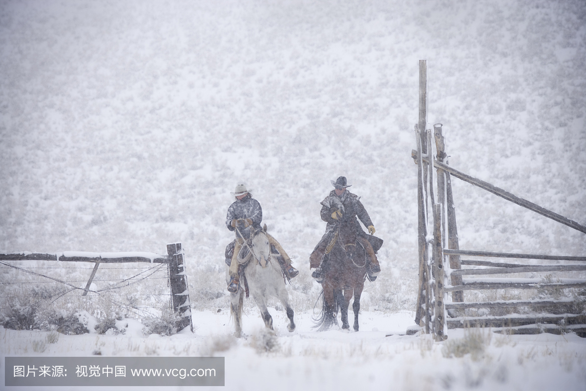 父亲和女儿在下雪的早晨在马背上